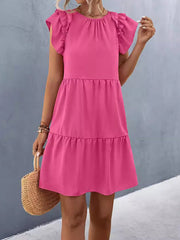 Pleated Solid Color Split-Joint A-Line Loose Round-Neck Mini Dresses