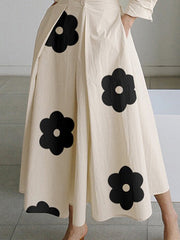 Contrast Color Floral Printed Pleated Tied Waist Long Sleeves Loose Lapel Shirt Dress