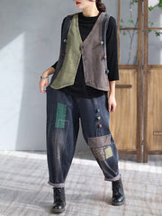 Loose Split-Joint V-Neck Vest Top + Jean Harem Pants Bottoms Two Pieces Set