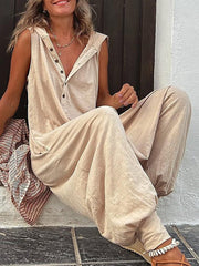Buttoned Loose Sleeveless V-neck Jumpsuits