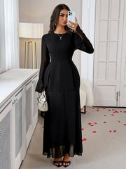 See-Through Solid Color Split-Joint Elasticated Waist Flared Sleeves Round-Neck Maxi Dresses
