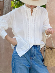 Buttoned Pleated Solid Color Split-Joint Long Sleeves Loose Stand Collar Blouses&Shirts Tops
