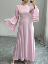 Pleated Solid Color Flared Sleeves Long Sleeves Round-Neck Maxi Dresses