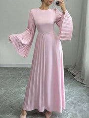 Pleated Solid Color Flared Sleeves Long Sleeves Round-Neck Maxi Dresses