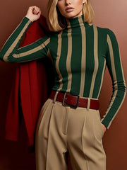 Contrast Color Split-Joint Striped Long Sleeves Skinny High Neck Blouses&Shirts Tops