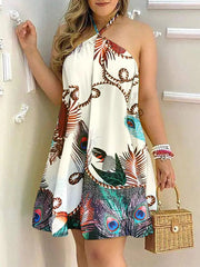 Contrast Color Printed Loose Sleeveless Halter-Neck Mini Dresses