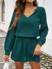 Elasticity Pleated Solid Color A-Line High Waisted V-Neck Mini Dresses