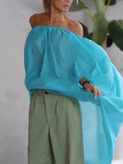High-Low Loose Elasticity Pleated See-Through Solid Color Off-The-Shoulder Blouses&Shirts Tops