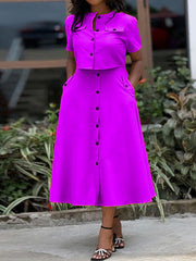 Round-Neck Buttoned Pockets Split-Joint T-shirt Top + A-Line High Waisted Skirts Bottom Two Pieces Set
