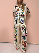 Loose Buttoned Half Sleeves Flower Print Pockets Lapel T-shirt Top + Drawstring Elasticity Pants Bottom Two Pieces Set