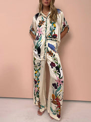 Loose Buttoned Half Sleeves Flower Print Pockets Lapel T-shirt Top + Drawstring Elasticity Pants Bottom Two Pieces Set