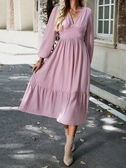 Pleated Solid Color Split-Joint A-Line High Waisted V-Neck Midi Dresses