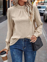 Elasticity Jacquard Pleated Solid Color Long Sleeves Loose Mock Neck T-Shirts Tops