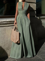 High Waisted Loose Pockets Solid Color Zipper V-Neck Jumpsuits