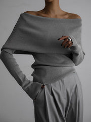 Solid Color Long Sleeves Loose Off-The-Shoulder Sweater Tops Pullovers