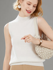Stylish Wool Sleeveless Solid Color Half Turtleneck Vest Top