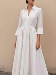Pleated Solid Color A-Line High Waisted V-Neck Maxi Dresses
