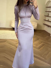 Pleated Solid Color Tied Zipper Bodycon Long Sleeves Mock Neck Maxi Dresses