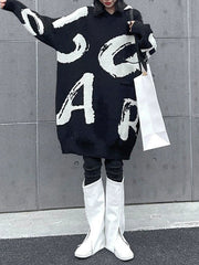 Knitted Letters Pockets Long Sleeves Loose Hooded Sweater Dresses Mini Dresses