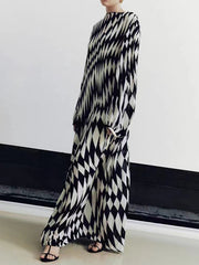 Long Sleeves Loose Diamond-Patterned Round-neck Maxi Dresses