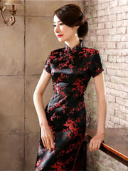 Black Red-flower Print Split-side Long Cheongsam