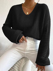 Solid Color Split-Joint Long Sleeves Loose V-Neck Sweater Tops Pullovers