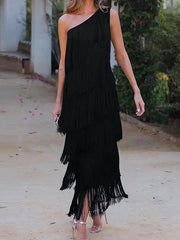 Asymmetric Solid Color Split-Joint Tasseled Loose Sleeveless One-Shoulder Maxi Dresses