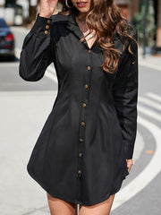 Buttoned Pleated Solid Color Long Sleeves Loose Lapel Shirt Dress Mini Dresses