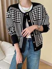 Long Sleeves Loose Contrast Color Houndstooth Split-Joint Round-Neck Cardigan Tops