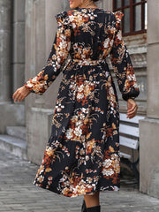Flower Print Pleated Split-Joint Tied Waist Loose Puff Sleeves V-Neck Shirt Dress Midi Dresses