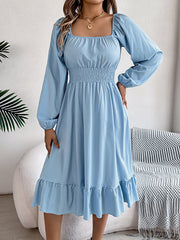 Pleated Ruffled Solid Color A-Line Elasticated Waist Square-Neck Midi Dresses