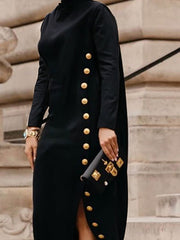 Asymmetric Buttoned Split-Joint Split-Side Long Sleeves Loose Mock Neck Maxi Dresses