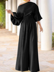 Long Sleeves Loose Solid Color One-Shoulder T-Shirt Tops&Pants Two Pieces Set