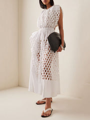 Asymmetric Elasticity Hollow Pleated See-Through Solid Color A-Line Loose Round-Neck Maxi Dresses