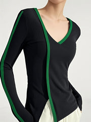 Contrast Color Split-Front Long Sleeves V-Neck Sweater Tops