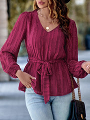 Elasticity Solid Color Tied Waist Long Sleeves Loose V-Neck T-Shirts Tops
