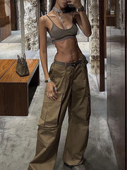 Buttoned Pockets Solid Color Split-Joint Loose Wide Leg Trousers Pants