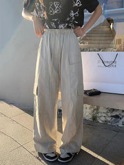 Drawstring Elasticity Pockets Solid Color Split-Joint High Waisted Loose Trousers Pants