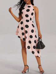 Asymmetric Polka-Dot Loose Sleeveless Halter-Neck Midi Dresses