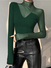 Long Sleeves Skinny Asymmetric Solid Color Split-Joint High Neck T-Shirts Tops