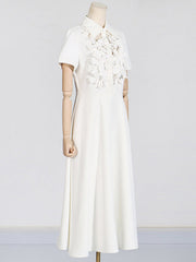Hollow Solid Color Three-Dimensional Flower High Waisted Loose Lapel Midi Dresses