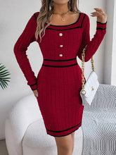 Buttoned Contrast Color Plaid Bodycon Long Sleeves Square-Neck Sweater Dresses Mini Dresses