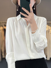 Buttoned Pleated Solid Color Long Sleeves Loose Lapel Blouses&Shirts Tops