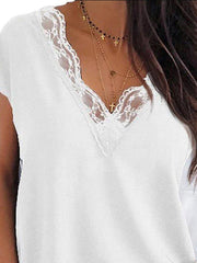 Hollow Solid Color Split-Joint Loose Plus Size V-Neck T-Shirts