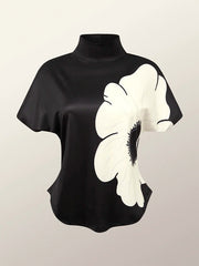 Flower Print Short Sleeves Skinny High Neck T-Shirts Tops