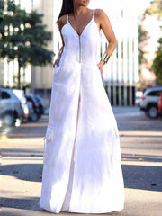 Solid Color Zipper Sleeveless Wide Leg Deep V-Neck Jumpsuits