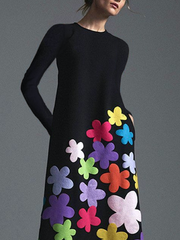 Asymmetric Floral Long Sleeves Round-Neck Maxi Dresses