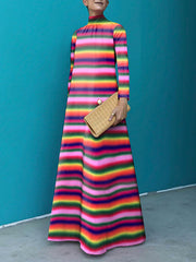 Long Sleeves Loose Contrast Color Striped Stand Collar Maxi Dresses