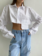 Asymmetric Buttoned Pockets Solid Color Split-Joint Long Sleeves Loose Lapel Blouses&Shirts Tops
