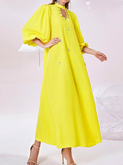 Hollow Rhine Stones Solid Color Bishop Sleeve Loose Mock Neck Maxi Dresses